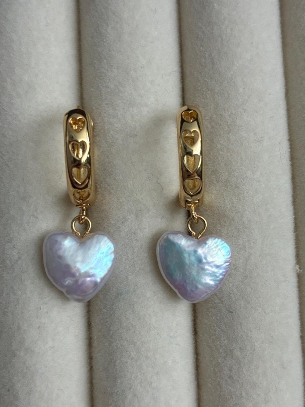 Gold Heart Hoop Earrings with Iridescent Pearl Heart Drops